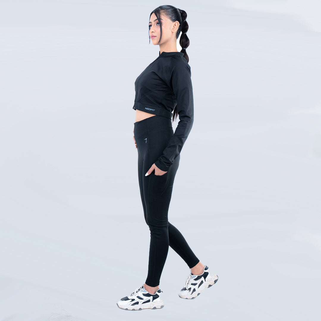 BLACK ZIPPER CROP SET